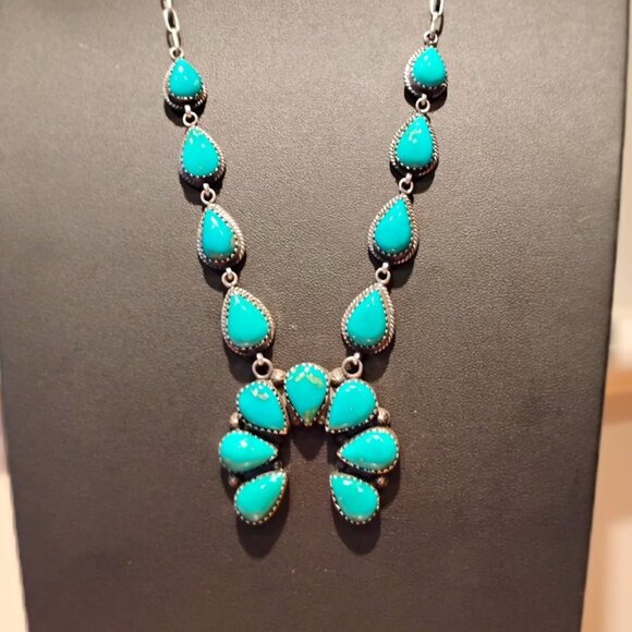 Southwest Turquoise Blue Green Matrix Sterling Silver Naja Necklace Adjustable - Picture 1 of 7